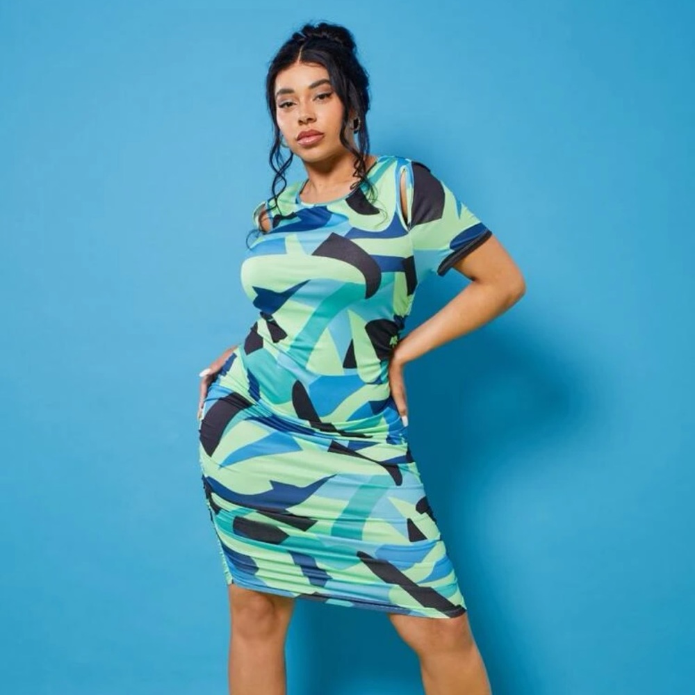 Geometric all over print body con dress